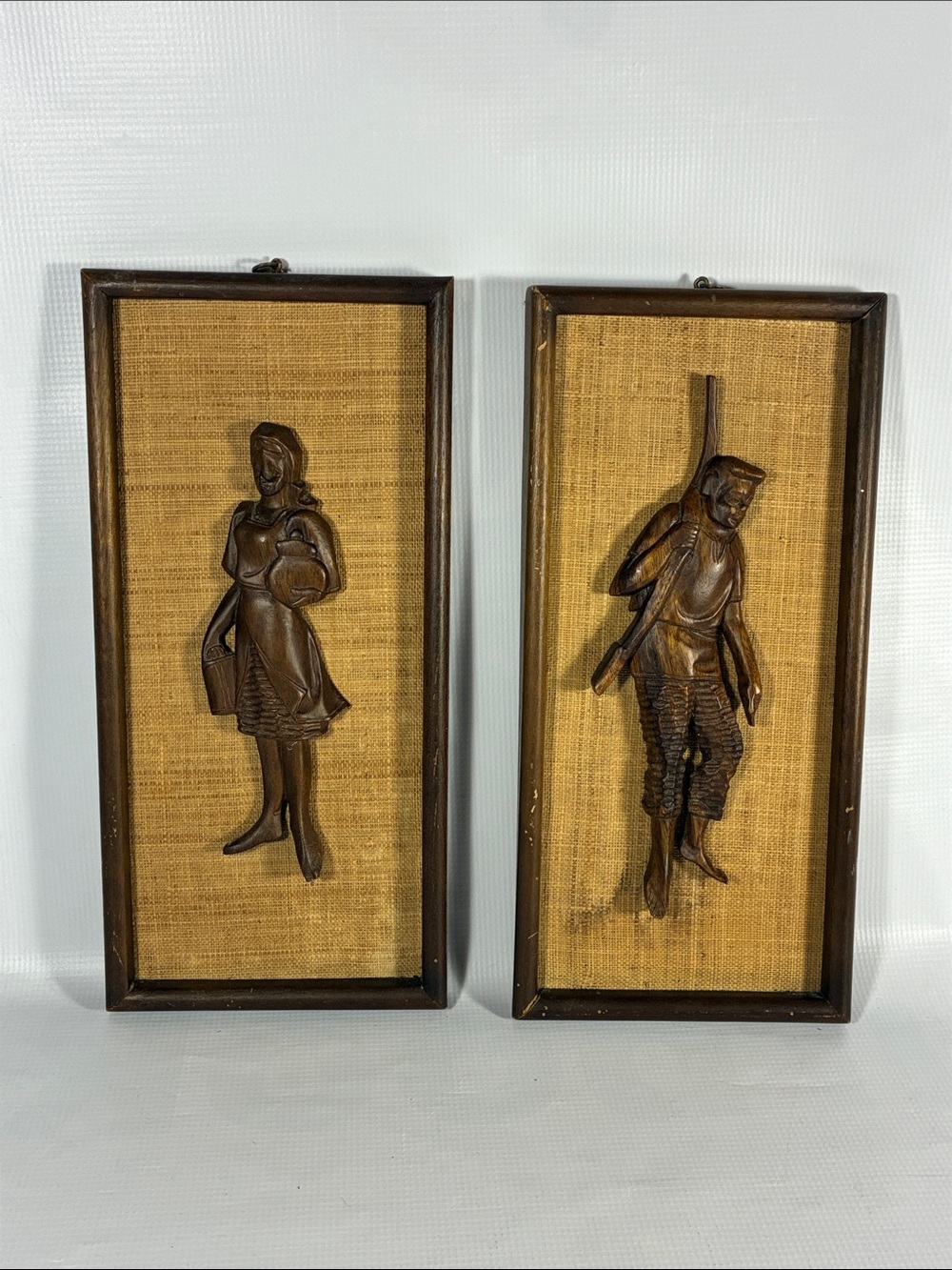 Mid Century Modern Hand Carved Wood & Burlap Wall Decor Set of 2 Vintage 1960s